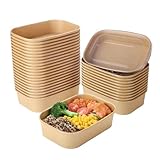 Belinlen 50 Sets 17oz Disposable Kraft Paper Bowls with Lids, Rectangle Paper Food Containers with Lids, Salad Bowls for Hot/Cold Food, Soup, Meal Prep, Ice Cream, Takeout, Party Supplies(500ml)
