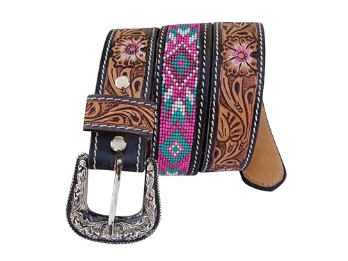 Western Beaded Belts For Young Adults Tooled Leather Heavy Duty Beaded Belt 40IS1053