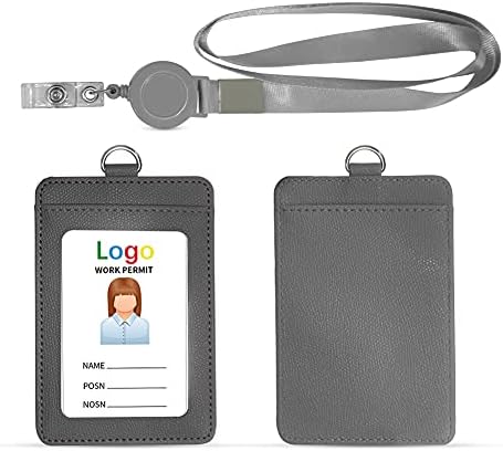 HYCOPROT ID Badge Holder 2-Sided Pu Leather with 1 Id Window and 1 Card Slot and 1 Piece 34.8 Inch Detachable Neck Lanyard id Card Holder for Office School Business Travel Student (Black, Vertical)