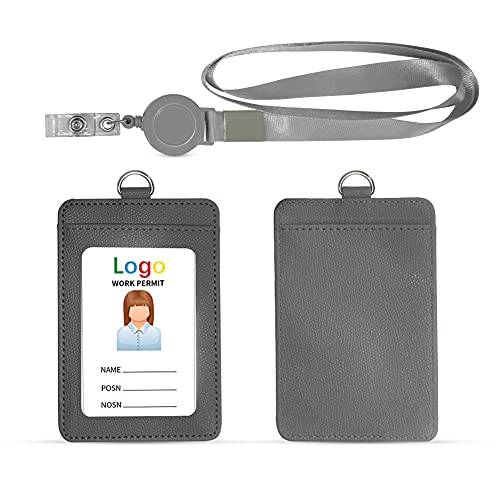 HYCOPROT ID Badge Holder with Lanyard Heavy Duty Retractable PU Leather Vertical Horizontal ID Card Holders with 1 Clear ID Window & 1 Credit Card Slot for Office Driver Licence (Vertical, Grey)