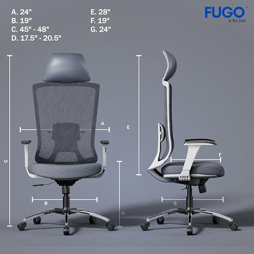 Image of FUGO FG410 High-Back Ergonomic Office Chair-Executive Computer Chair with Adjustable Headrest, Armrests, Lumbar Support, Breathable Mesh, 360 Swivel, Recline Function, and Heavy-Duty Base (White)