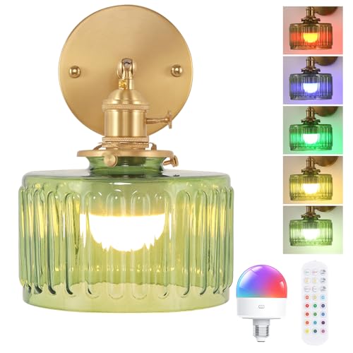 Image of Shenmoyl Vintage Battery Operated Wall Sconce with Green Striped Glass Lampshade 5000 mAh Rechargeable Battery Powered Wall Light with Remote Control for Bedside Bedroom Doorway
