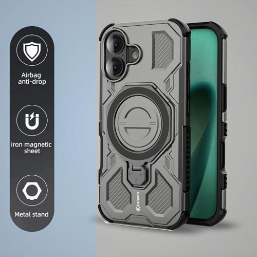 Image of KARWAN Tough Shockproof Armor Back Case Cover Compatible with iPhone 16 with 360 Degree Rotation Magnetic Attraction Ring, Holder Heavy Duty Rugged Cover with MagEaze Wireless Charging (Grey)