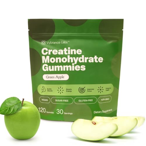 Creatine Gummies 5g Monohydrate + Taurine & B12 - Sugar-Free, Vegan, Gluten-Free - Green Apple - 120 Count (30 Servings) for Strength, Energy & Focus