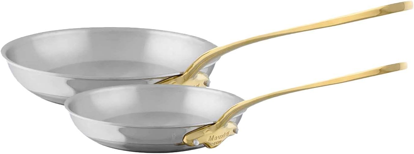 M'Cook B 5-Ply Polished Stainless Steel 2-Piece Frying Pan Set With Brass Handles, Made In France