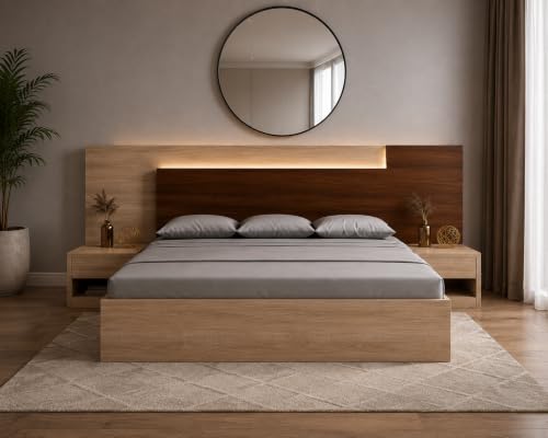 Image of King Size Engineered Wood Platform Bed, Ramonda Style | LED Fitted Headboard, Side Tables with Storage, Brown Finish