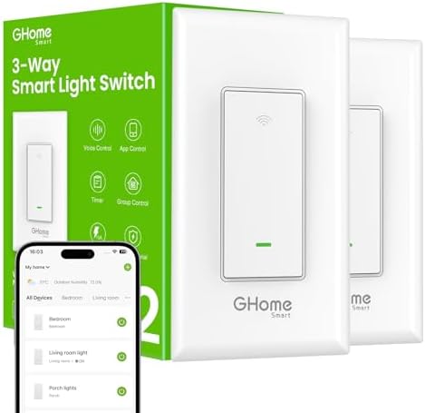 GHome Smart Switch, 3 Way Light Wi-Fi Switch Compatible with Alexa and Google Home, 2.4GHz Schedule Timer, Neutral Wire Required, 3-Way Installation and No Hub Required, FCC Listed (2-Pack), White