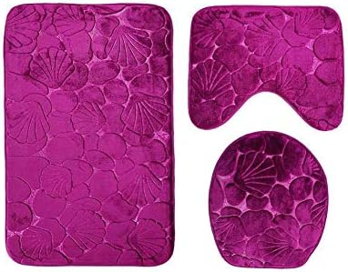 Aisaving 3pcs Non Slip Bath Mat Set Super Soft Pedestal and Bath Rug Memory Foam Bath Shower Mat Quick Drying Bathroom Mat Carpet,U-Shaped Contour Mat and Toilet Seat Cover (Rose Red Shell)