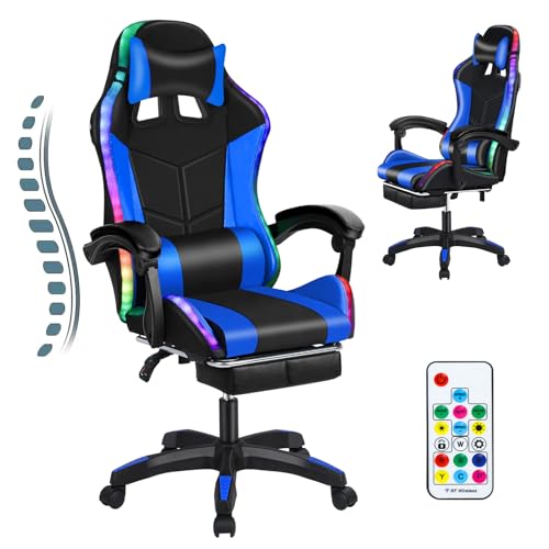Gaming Chair with Bluetooth Speakers ＆ LED Lights, Ergonomic Massage