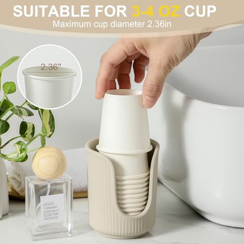 Ceramic Bathroom Cup Dispenser with Stylish Vertical Stripes - Disposable Mouthwash Cup Holder Holds 3-4oz Paper Cups for Rinsing Cups on Bathroom Vanity Countertops (Matte Beige)
