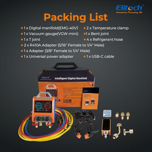 Elitech Kältetechnik die Monteurhilfe Manifold Gauge Set, Hochpräzises Vakuum Drucktemperatur Lecktester Tester, EMG-40V Pro Digitalmessgerät für Kühlschrank