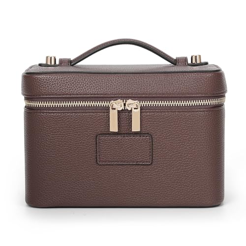 Neceser de maquillaje grande para mujer, impermeable, neceser de vanidad, organizador con divisor extraíble para el día a día y los viajes, marrón, 21,5×12,5×14 cm, Clásico