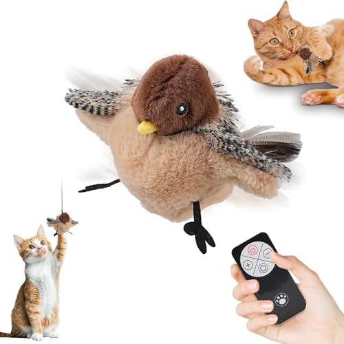 CMANLNYK Flapping Chirping Bird Cat Toy - Interactive Flying Flappy Bird Sparrow Toys Touch Activated with Remote Control for Cats Kittens Pet Indoor
