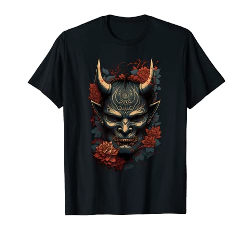 Tradizionale Giapponese Tatuaggio Demone Maschera, Oni Hannya Samurai Maglietta