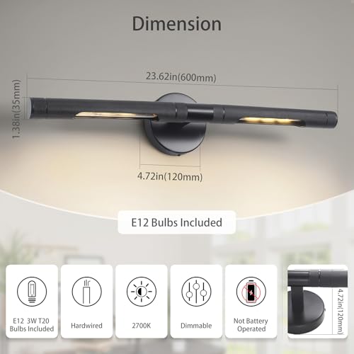 Image of Hardwired Black Picture Light,23.6in Knurled Wall Lights for Pictures,Rotatable 360 Picture Frame Light Modern Gallery Light for Living Room Bathroom Study Room Hallway E12 Bulbs Included