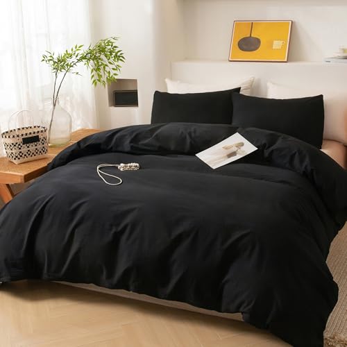 Image of ECOCOTT 3 Pieces Duvet Cover Queen Size 100% Washed Cotton 1 Duvet Cover with Zipper and 2 Pillowcases, Ultra Soft and Easy Care Breathable Cozy Simple Style Bedding Set (Black,Queen)