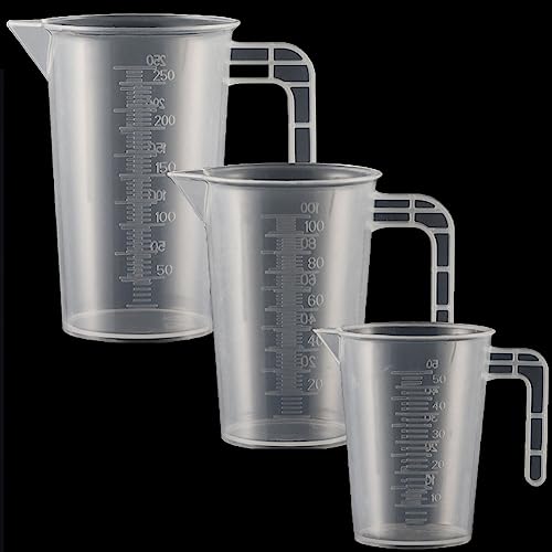 3 Stück Messbecher Kunststoff Set Mit Griff und Gramm Skala 50ml+100ml+250ml, Hitzebeständig Präzision Messbecher für Waschmittel, Küche, Labor, die Autopflege feine Skala Lebensmittelecht Transparent