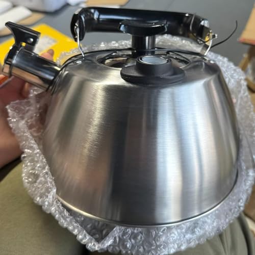 Hervidor de silbato con termómetro, acero inoxidable 304, hervidor de sonido de 3,5 L para estufa de gas y camping, parte inferior de 5 capas, pantalla de temperatura del agua