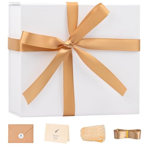 Image of LIFELUM White Magnetic Gift Box with Lid, 8 x 7 x 3 Inch, Premium Gift Set with Ribbon, Greeting Card , Filler, Sturdy Reusable Packaging for Father's Day, graduation gifts, Bridesmaid Proposal Box,Birthday, Wedding
