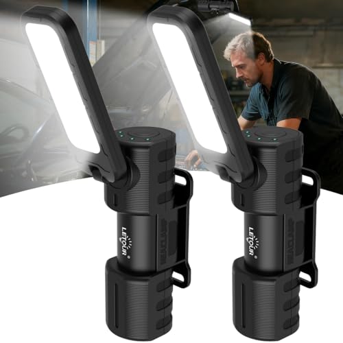Inspection Lamp 2000 Lumen 2 Pack Rechargeable LED Work Light with Magnetic and Foldable 180° Rotating Stand and Magnetic Torch for Maintenance Work Night Walking Camping Emergency