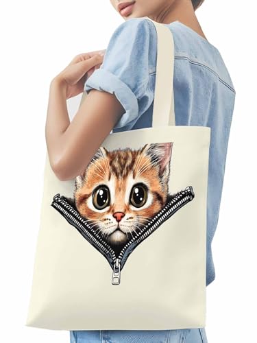 Canvas Tote Bags,Grocery Shopping Cloth Bag Cute Cat Open Zipper Reusable Shoulder Bags Tote Bag for Travel Work Gym3