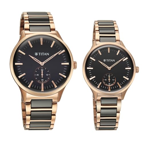 Image of Titan Modern Bandhan Pair Analog with Black Dial Ceramic and Rose Gold Stainless Steel Strap Watch for Couples - 9401394213KD01