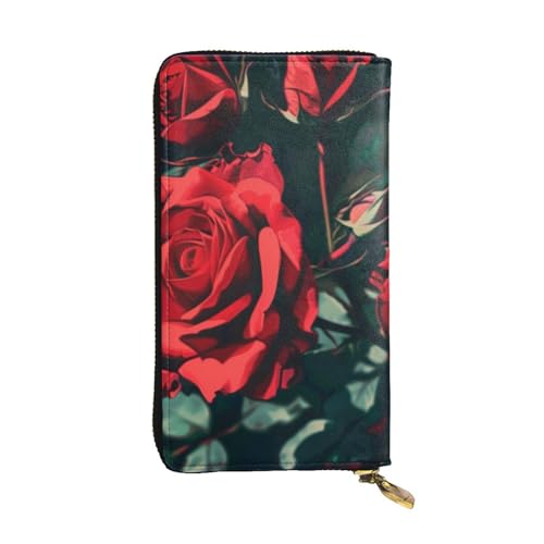Portefeuille en cuir pour femme noir avec imprimé rose rouge et porte-carte de voyage moderne