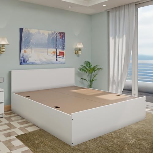 Image of VIKI Vault King Size Bed with Storage (70x80) | Engineered Wood Bed Frame for Bedroom | Modern Box Storage Cot | Frosty White Finish | Free Assembly | 1 Year Warranty