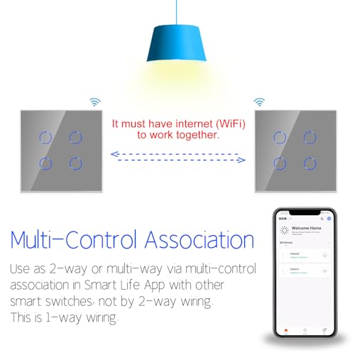 CNBINGO WiFi Smart Light Switch Work with Alexa, Google Assistant, Multi-Way Control by Smart Life App, 4-Gang Touch Switch - Image 4