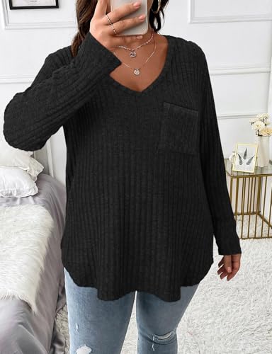 Image of Koscacy Women Plus Size Casual Knit Sweater with Pocket V Neck Solid Color Tops Lightweight Long Sleeve Blouses