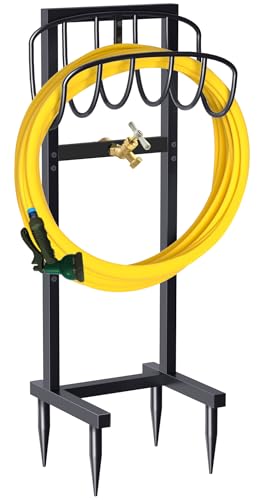 Artigarden Outdoor Garden Hose Holder Freestanding with Brass Faucet And 4 Spikes Heavy Duty Metal Water Hose Reel Stand Hanger Rack Organizer Holds Storage 150ft Hose for Outside Yard Lawn Black