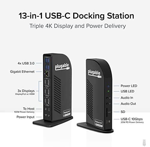 Plugable 4K USB C Docking Station Triple Monitor with 100W Power Delivery, USB C Dock for Thunderbolt 3/4, and USB-C Windows and Mac (3x HDMI and 3x DisplayPort, 1x USB-C, 4x USB 3.0, SD Card Reader)