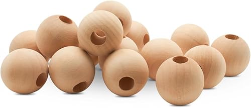 Cuentas de bola de madera sin terminar de 1-14 pulgadas, agujero de 38 pulgadas, paquete de 12 cuentas de madera grandes para manualidades, cuentas