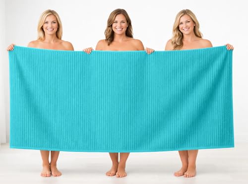 Image of DAN RIVER Pack of 2 Bath Sheet 35x70 Inches, Ribbed Jumbo Bath Sheets for Adults, Thick and Absorbent Large Towels - Aqua