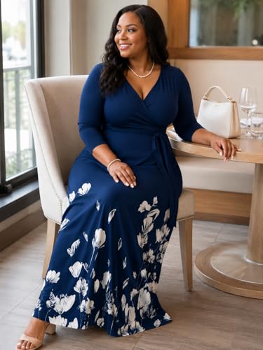 Image of SUZONANA Plus Size Dresses for Women Floral Print Maxi Dress Flowy 3 /4 Sleeve with Belt