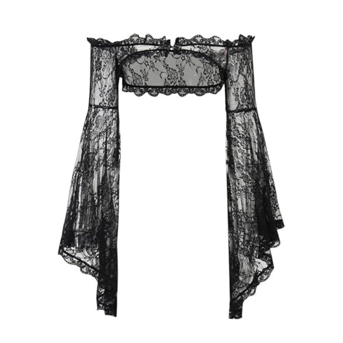 Gothic Bolero Shrugs for Dresses Black Goth Lace Bell Sleeve Crop Top for Women Rave Festival Wedding Evening Sheer Mesh Fairy Core Shrug