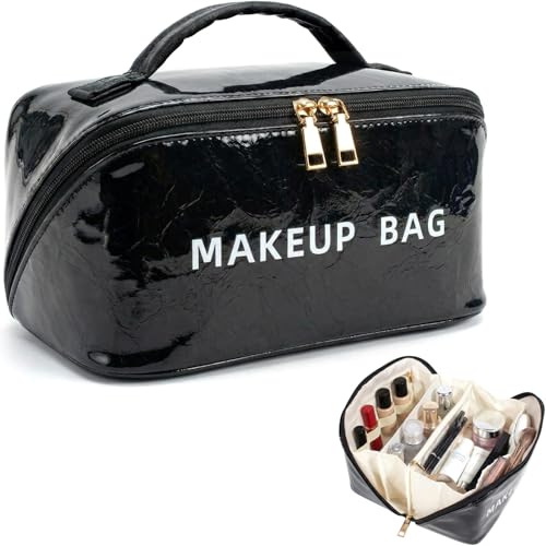 LETGO Travel Makeup Bag, Large Capacity Cosmetic Bag for Women, Waterproof PVC Clear Coating, Flat Open Portable Toiletry Bag for Skincare, Brushes & Travel Essentials, Original Black