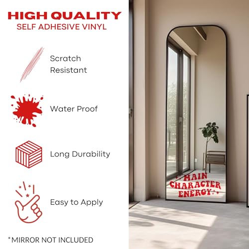 Image of Sticker for Glass & Mirrors| Minimal Vinyl Decal for Bedroom Bathroom & Cafe | Self-Adhesive Waterproof Quote Mirror Sticker | Aesthetic Decals (Main Character Energy, Medium, Transparent Red)