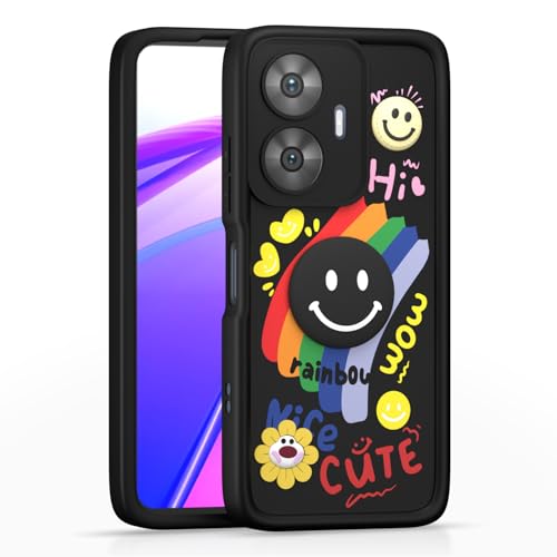 Image of Pikkme Back Cover for Realme Narzo N55 / Realme C55 | Soft Silicone| Cute Rainbow Smile & 3D Cartoon Flower Design | Shockproof Raised Camera Protection Bumper Case (Black)