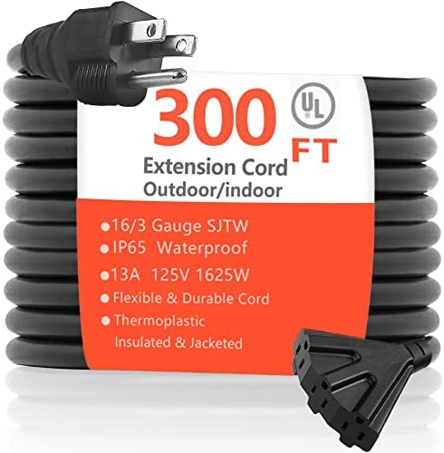 300 Ft Outdoor/Indoor Extension Cord with 3 Outlets –Black Extra Long Extension Wires –16/3 13A 125V SJTW,3-Prong Grounded Plug,Water&Weather Resistant,Power Cable for Lawn&Garden,UL Listed