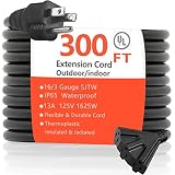 300 Ft Outdoor/Indoor Extension Cord with 3 Outlets –Black Extra Long Extension Wires –16/3 13A 125V