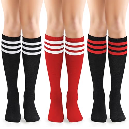 Prupoky Womens Knee High Athletic Socks Tube Socks for Women Sports Thigh High Stockings Casual Striped Long Socks for Women 3 Pack Red Black Stripes
