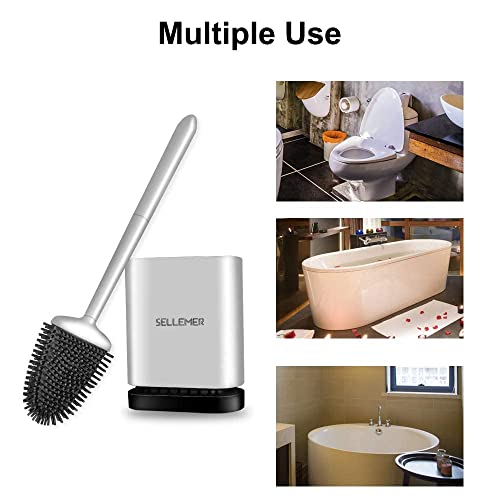 Image of Sellemer Silicone Toilet Brush, Ventilation Slots Base Holder 2 Pack Silver | Flexible Bristles Flat Head for Rim, Hair Tangle-Free, Easy to Clean, Compact Design, Rustproof Handle, for Toilet /Sink /Tub