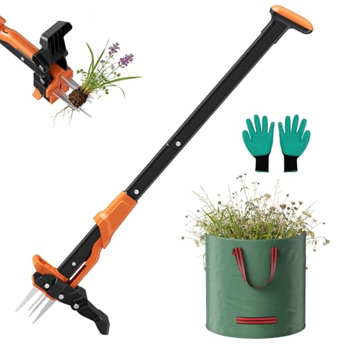 Haedswer Extractor de malas hierbas con bolsa de jardín de 60 L, longitud de 100 cm, con 4 garras fuertes, herramienta de jardín para césped, patio, jardín