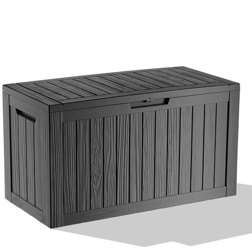 Image of 90 Gallon Waterproof Resin Deck Box, UV Resistant Outdoor Storage for Garden, Patio, Porch, Delivery, Striped Black