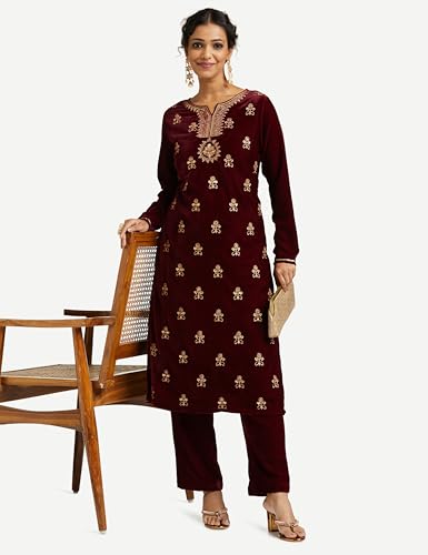 Image of Amazon Brand - Myx Women's Embroidered Festive Velvet Kurta Set with Pants (Available in Plus Sizes)