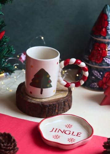 Image of WEAVING HOMES Handcrafted Ceramic Red Christmas Tree Mug & Jingle Dessert Plate Gift to Best Friend and Love Microwave Safe /Dishwasher Safe (Set of 2)