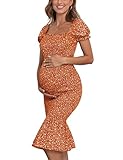 Maternity Summer Floral Midi Bodycon Dresses, Short Puff Sleeve Square Neck Ruffle Hem Mermaid Baby Shower Dress Coral Orange M