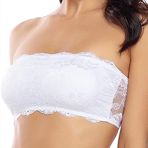 Strapless Bra Flora Lace Bandeau Bras for Women Girls Non Slip Tube Top Bras Wirefree Padded Push Up (039 White Lace-2, M)