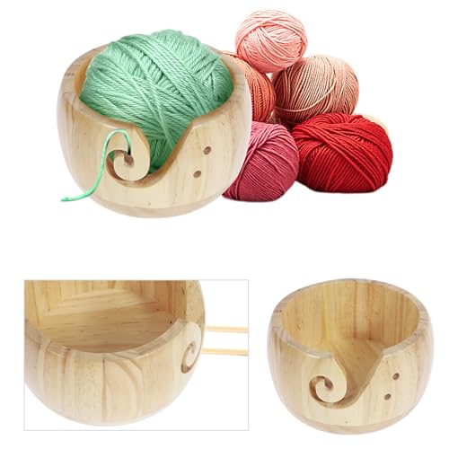 Image of Wooden Yarn Bowl with Lid, 6in Round Knitting Yarn Holder, Crochet Bowl, Pine Wood, Wood Color